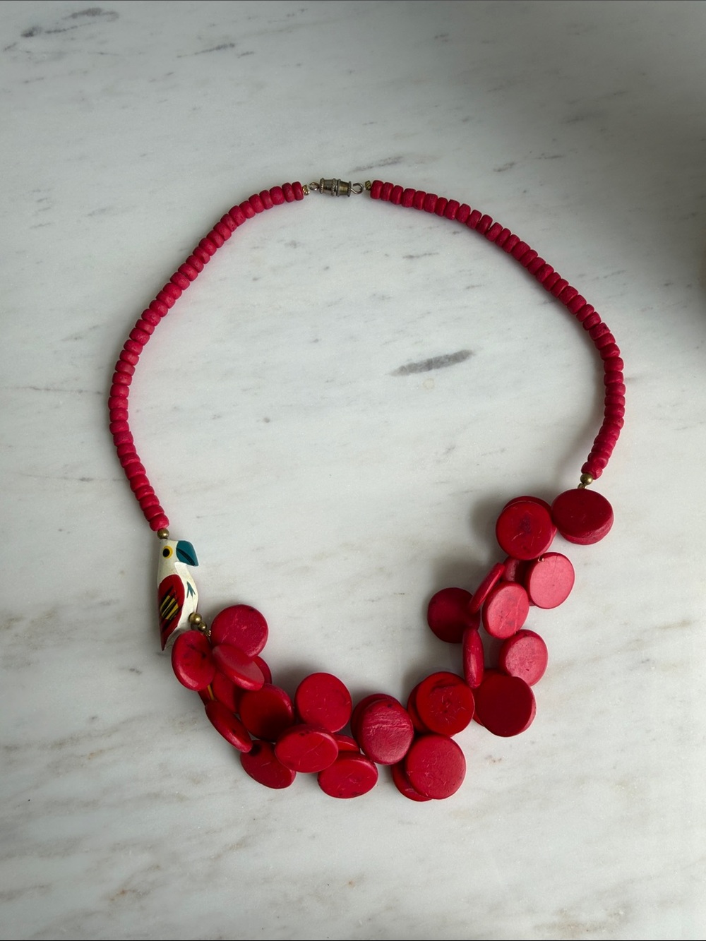 Vintage Parrot Red Wooden Bead Necklace -Boho, Tropical, Festival - Picture 3 of 5